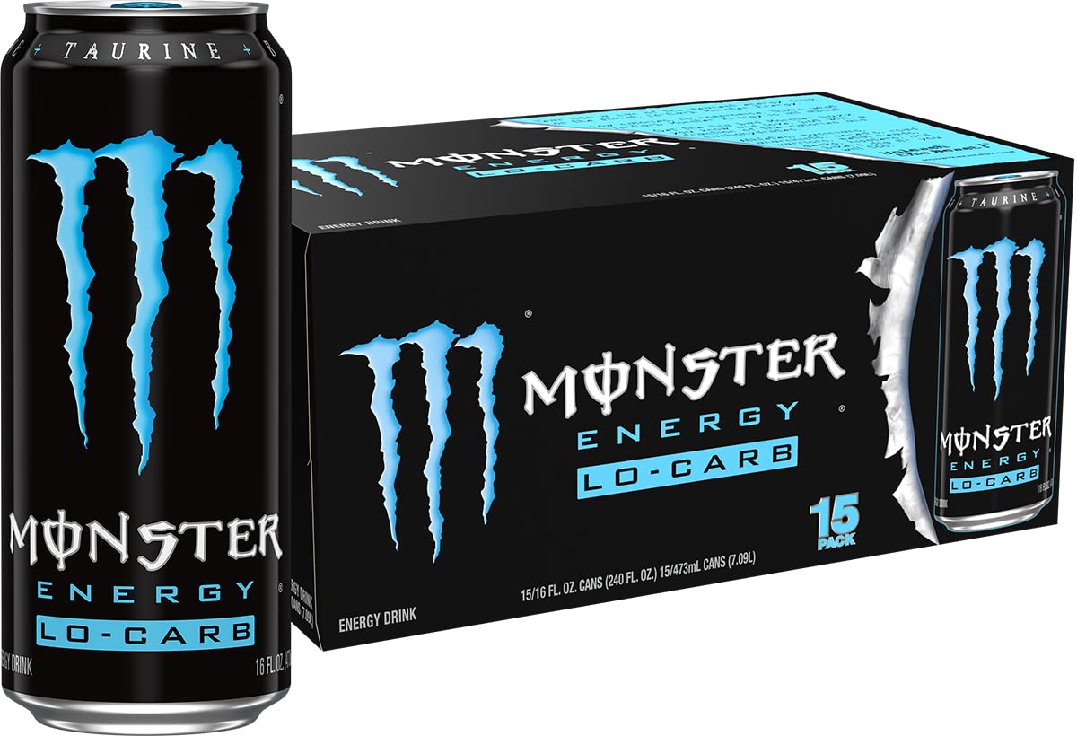 Monster Energy Lo-Carb bottle pour shows smooth flavor and lower calories.