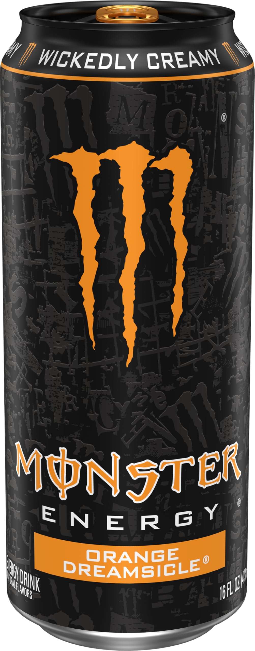 Close-up of the Monster Energy logo on the can emphasizing bold flavor and style.