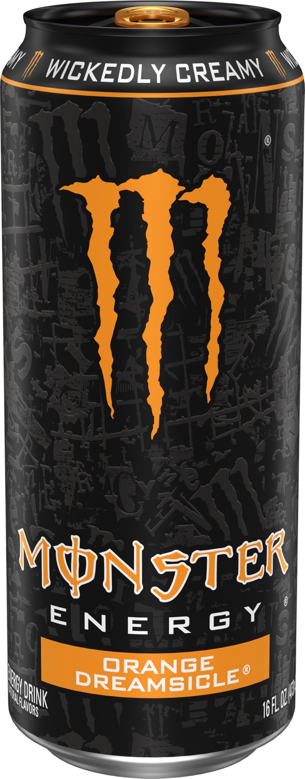 Close-up of the Monster Energy logo on the can emphasizing bold flavor and style.