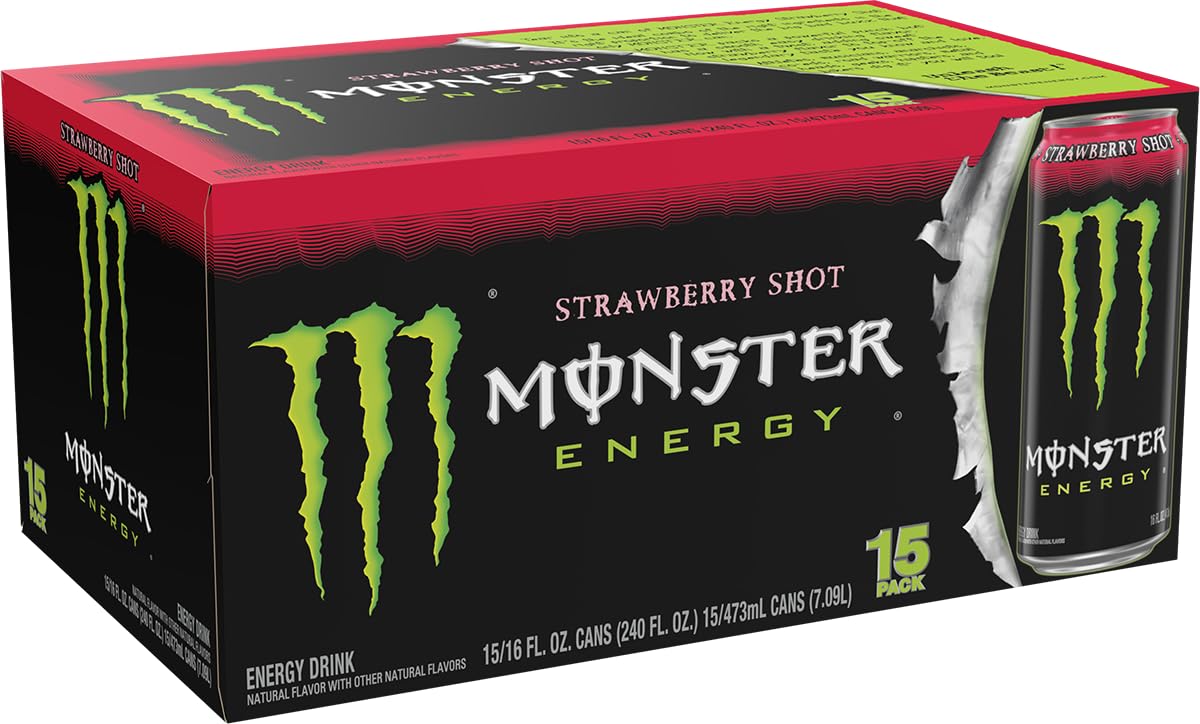 Monster Energy Strawberry Shot pack of 15 cans highlights value and shared energy.