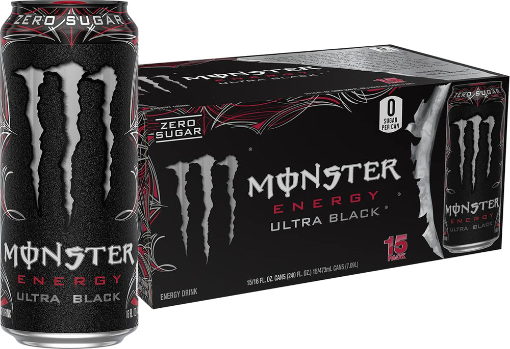 Monster Energy Ultra Black can front showcases zero sugar and bold black cherry flavor.