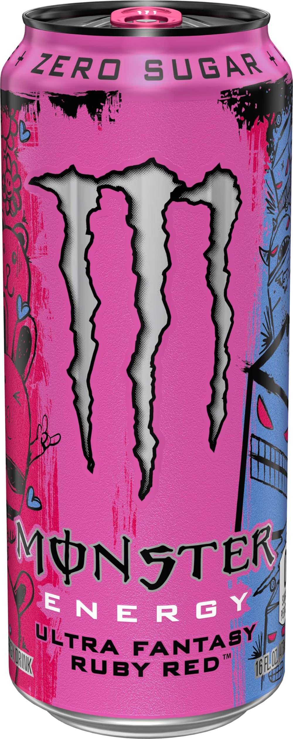 Monster Energy Ultra Fantasy Ruby Red label closeup shows clean zero-sugar energy.