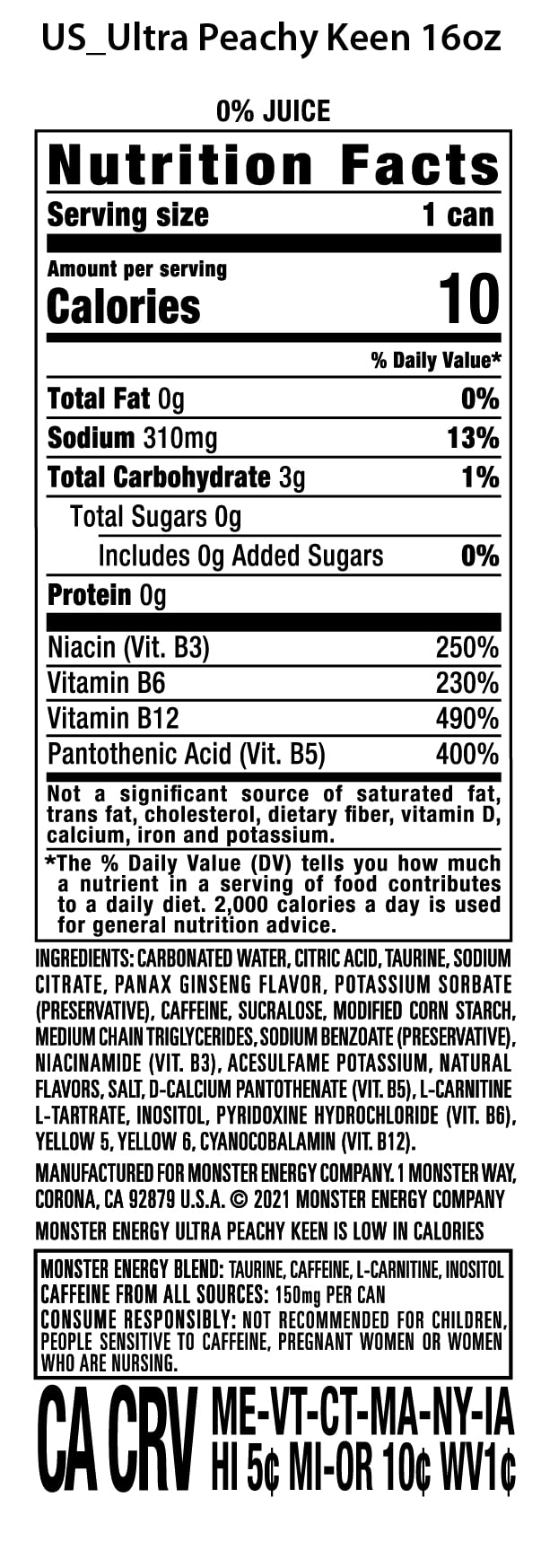Close-up of the Ultra Peachy Keen can label highlights the sugar-free energy blend.