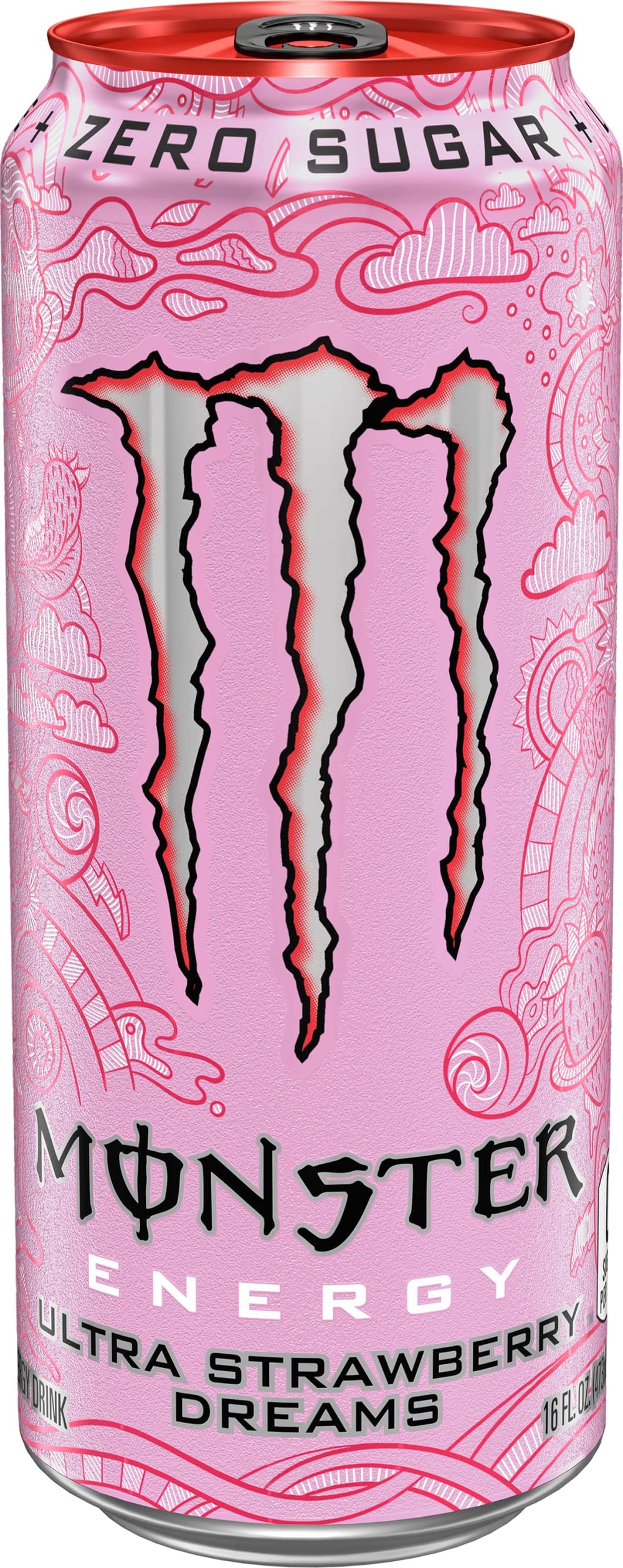 Close-up can of Monster Ultra Strawberry Dreams emphasizing bright red design for on-the-go energy.