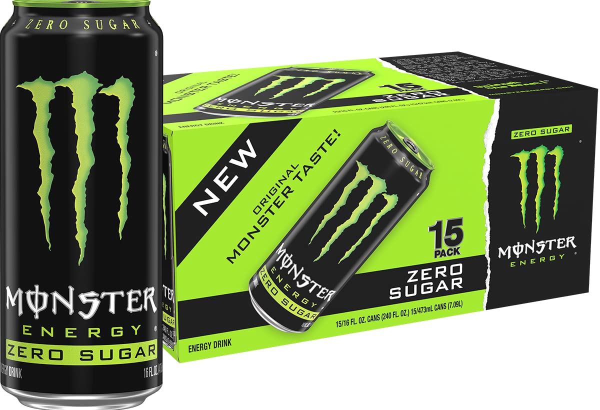 Monster Energy Zero Sugar Green can front view highlighting zero sugar and original flavor for clean energy boost