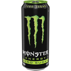 Monster Energy Zero Sugar Green can pour showing smooth taste with zero sugar for quick focus