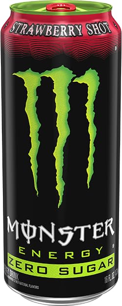 Monster Energy Zero Sugar Strawberry Shot label close-up highlights sugar-free formula.