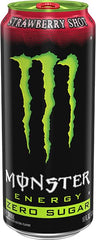 Monster Energy Zero Sugar Strawberry Shot label close-up highlights sugar-free formula.