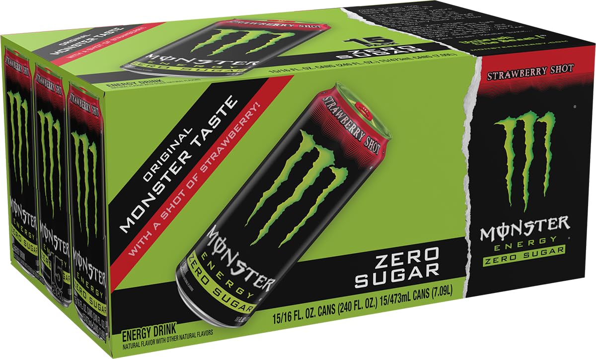 Monster Energy Zero Sugar Strawberry Shot 15-pack shown for on-the-go energy.