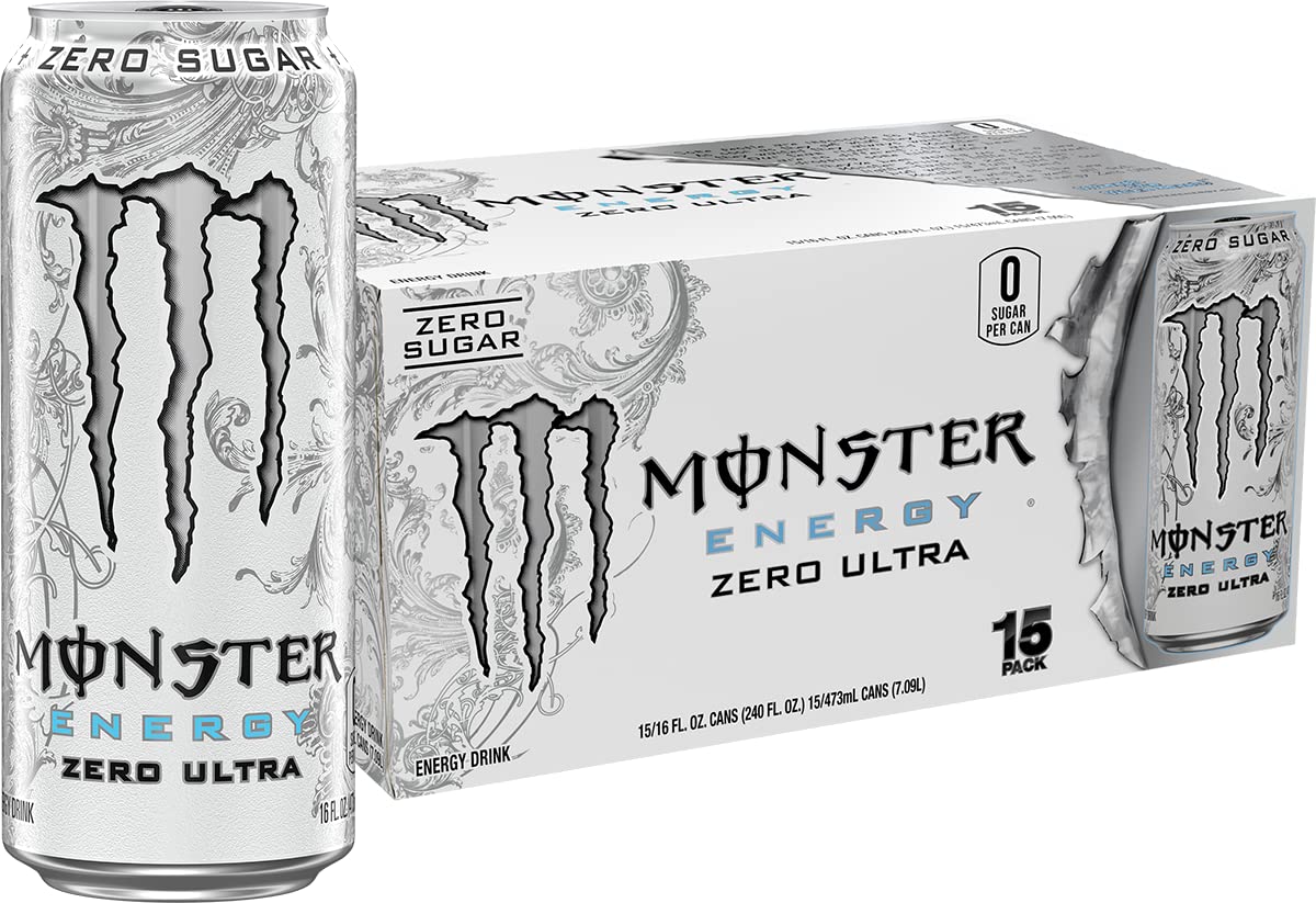 Monster Energy Zero Ultra can front view highlighting zero sugar and low calories