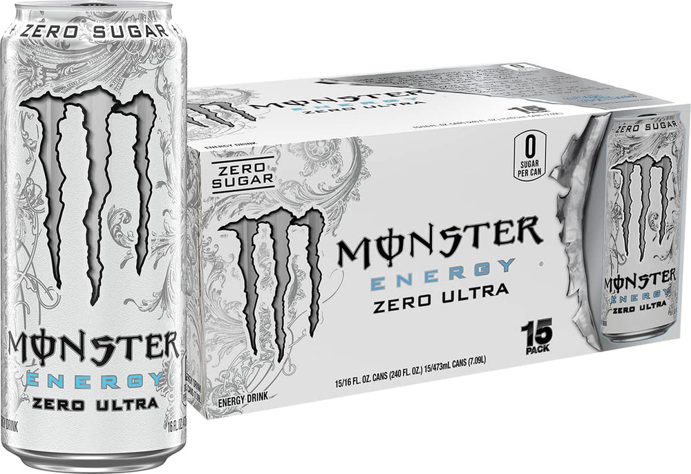 Monster Energy Zero Ultra can front view highlighting zero sugar and low calories