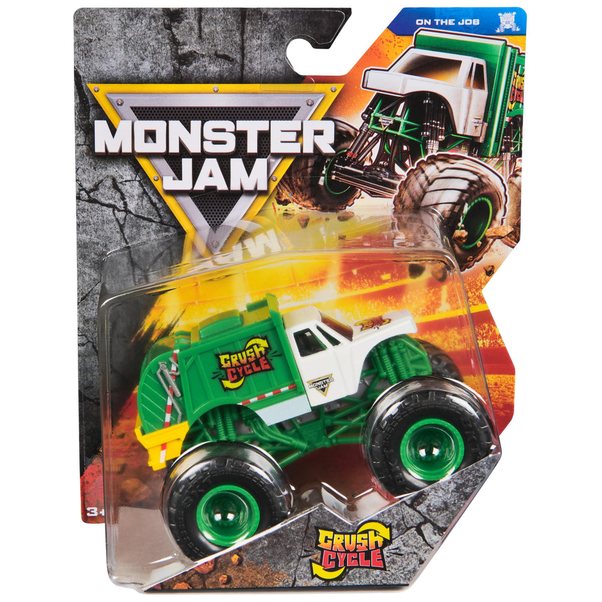 Monster Jam Crush Cycle truck side view with bold graphics and durable play-ready design.