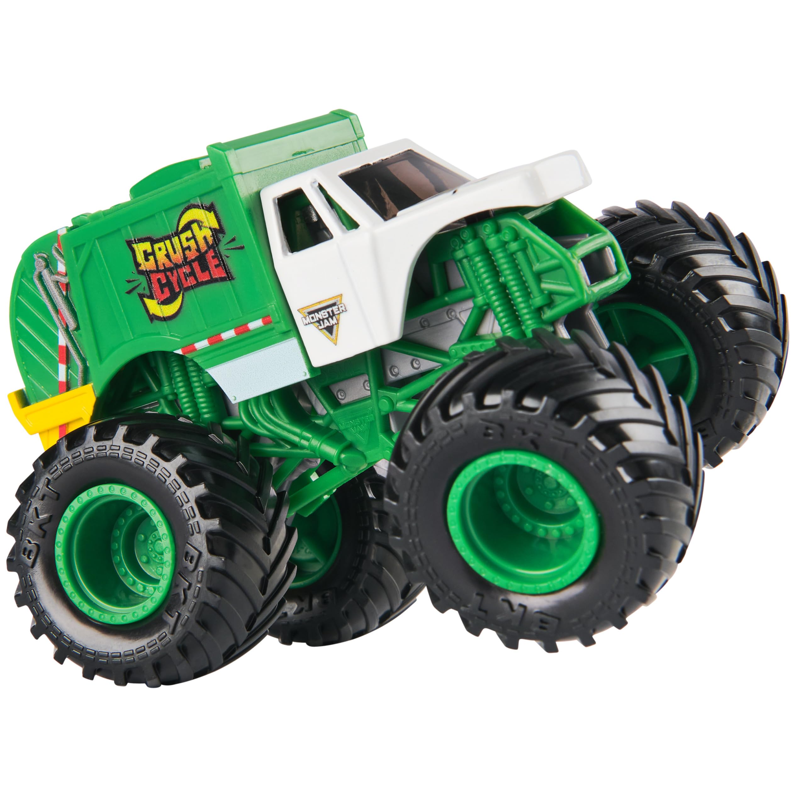 Monster Jam Crush Cycle die-cast chassis detail highlighting realism and tactile quality.