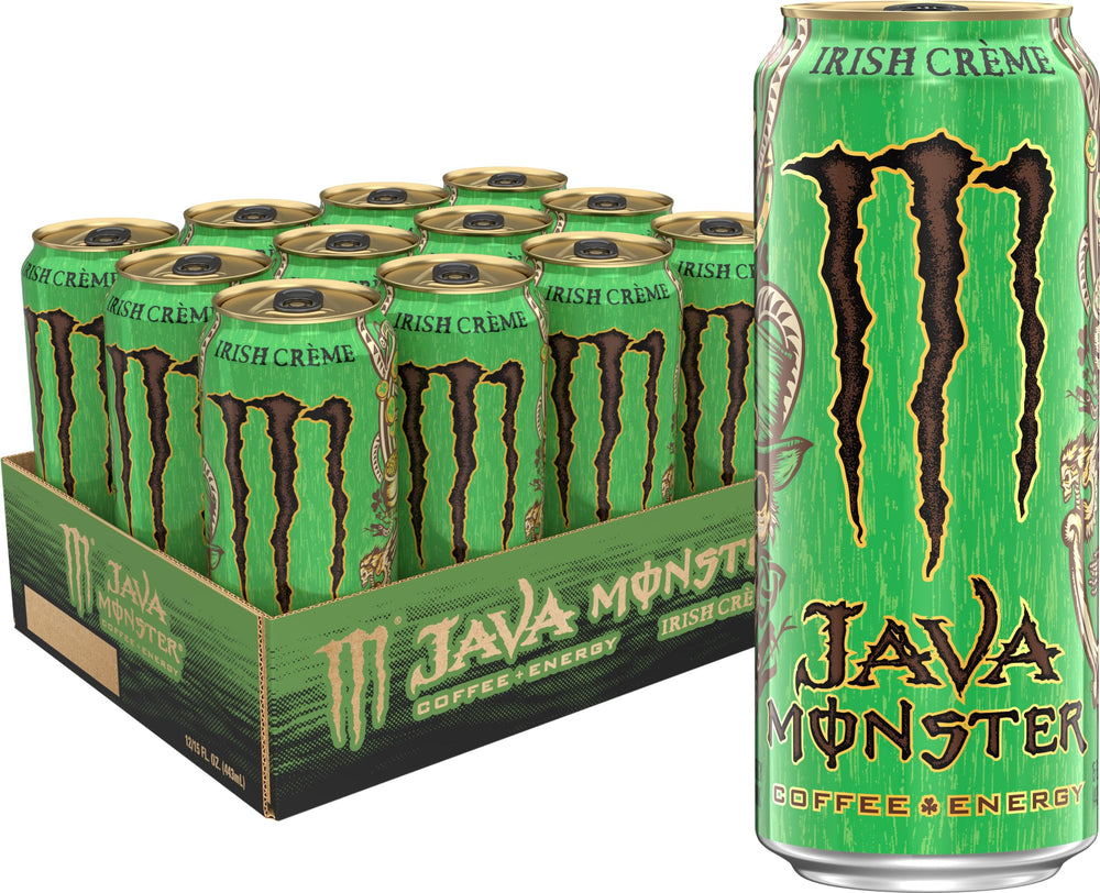 Monster Java Irish Creme can with bright gold top for a portable caffeine boost.