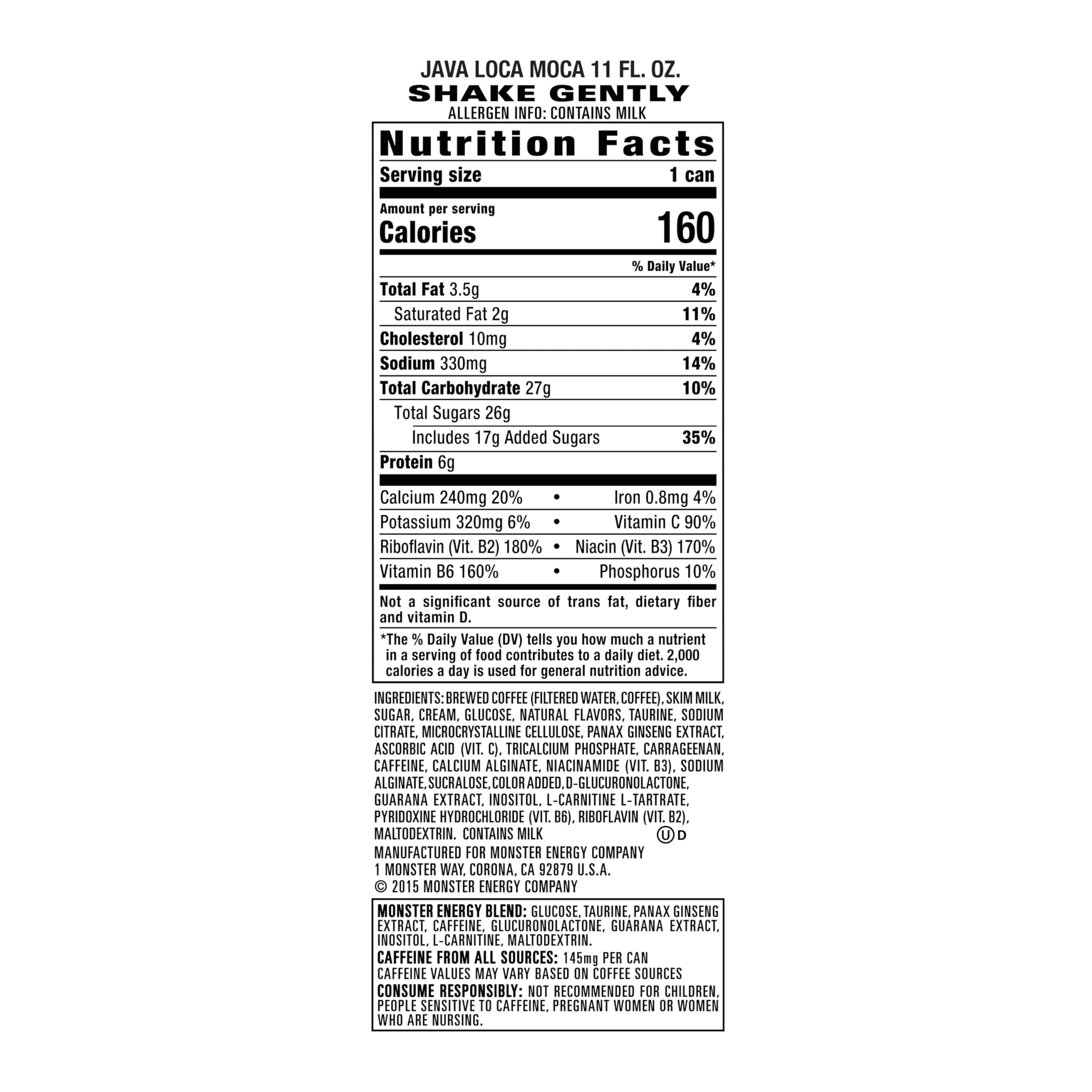 Monster Java Loca Moca nutrition panel shows 220 calories per can