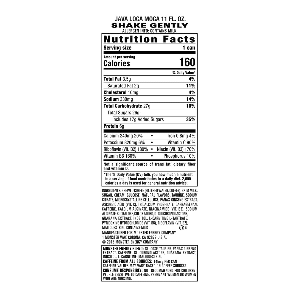 Monster Java Loca Moca nutrition panel shows 220 calories per can