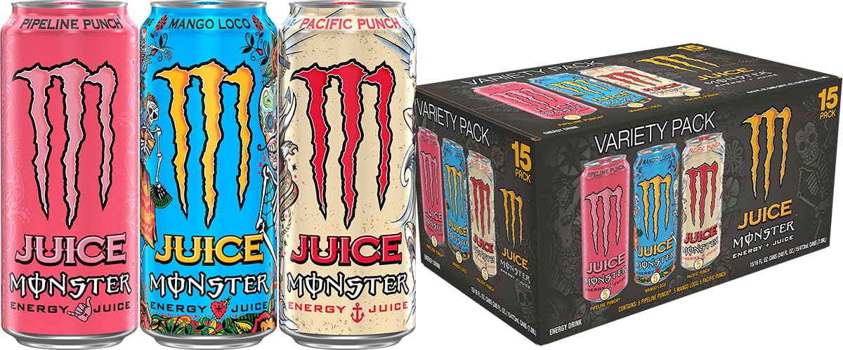 Monster Juice Pipeline Punch can with passion fruit, orange, and guava flavors for an energizing boost.