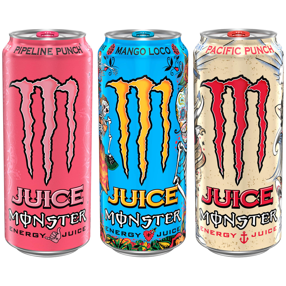 Monster Juice Variety Pack 16 oz can offers three flavors for on-the-go energy and flavor exploration.