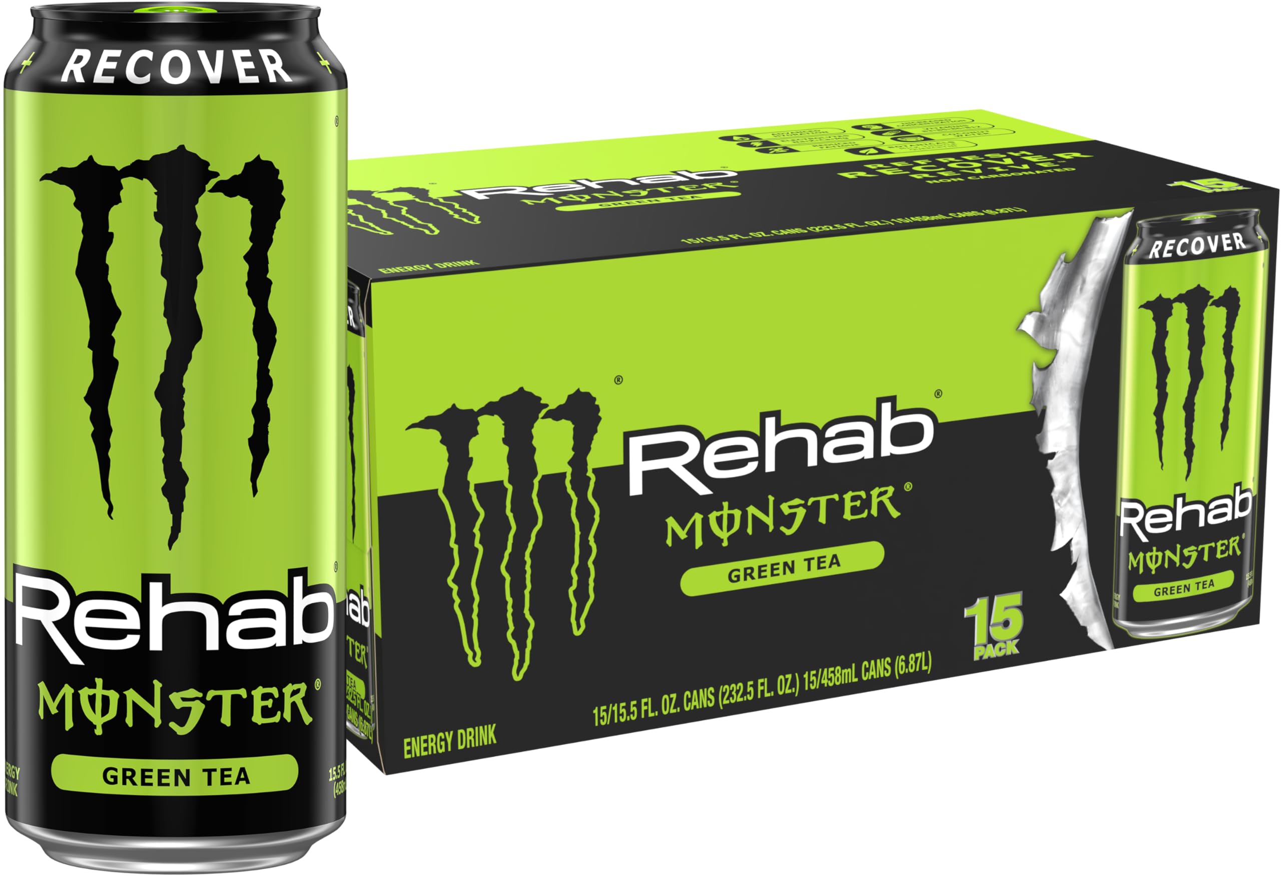 Monster Rehab Green Tea bottle front view showing hydration-focused design and flavor notes