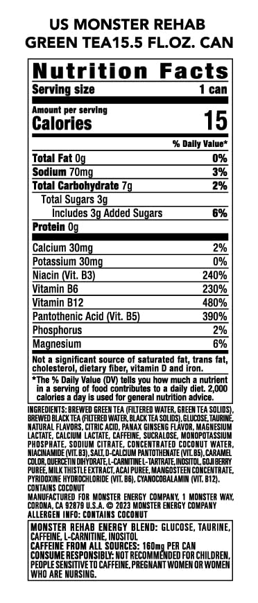 Closeup of Monster Rehab Green Tea can highlighting energy blend and electrolytes