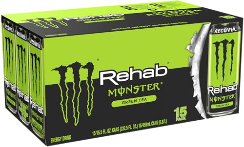 Label graphic of Monster Rehab Green Tea emphasizing vitamins and botanicals