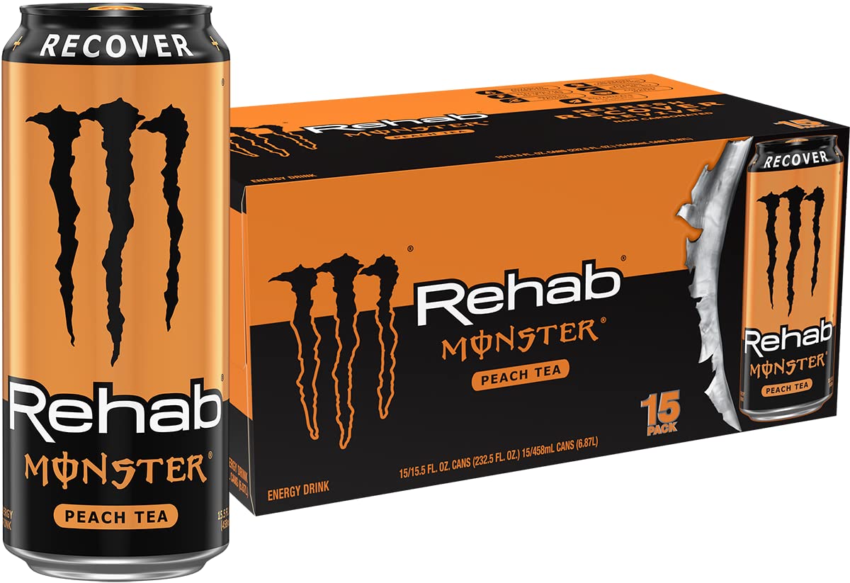 Monster Rehab Peach Tea + Energy can front view ready for a quick refresh