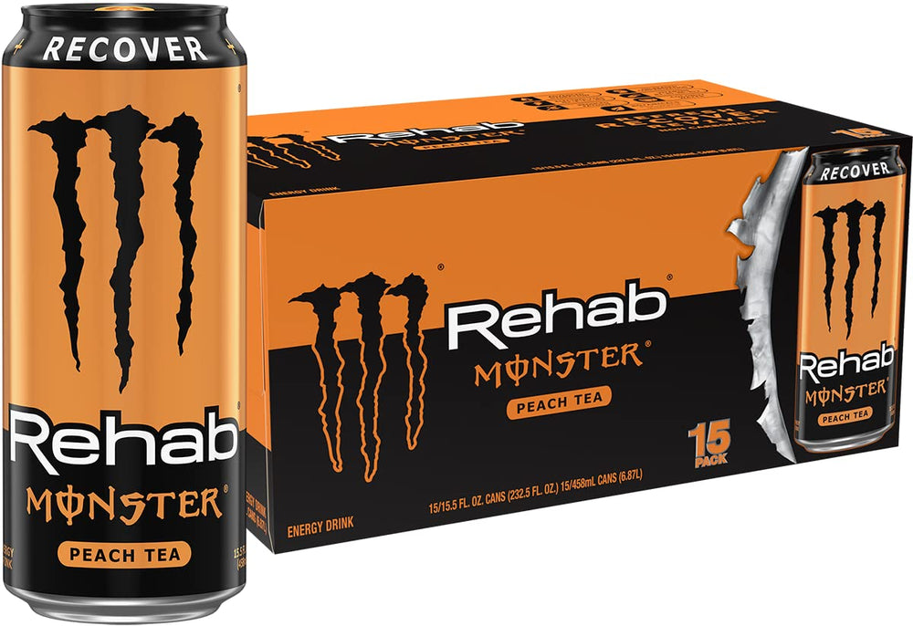 Monster Rehab Peach Tea + Energy can front view ready for a quick refresh