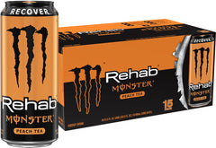 Monster Rehab Peach Tea + Energy can front view ready for a quick refresh
