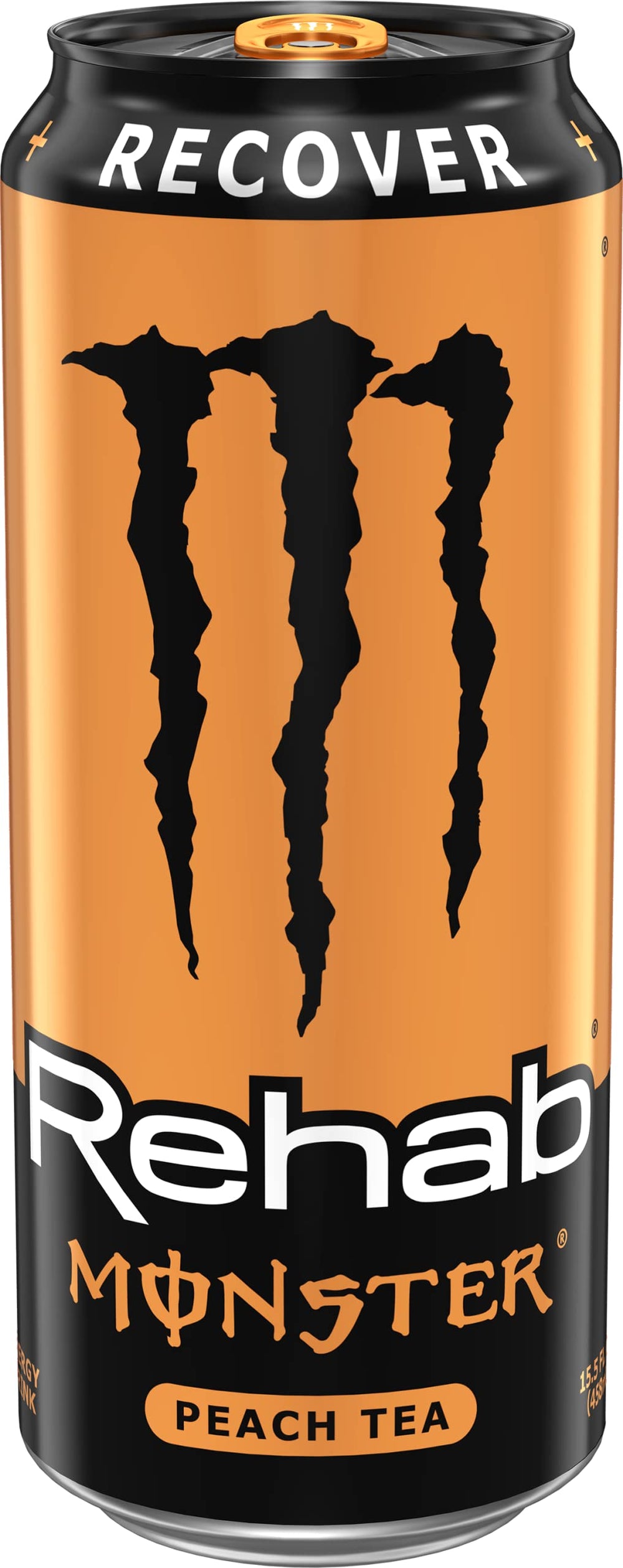 Close-up of Monster Rehab Peach Tea + Energy label showing electrolytes and vitamins