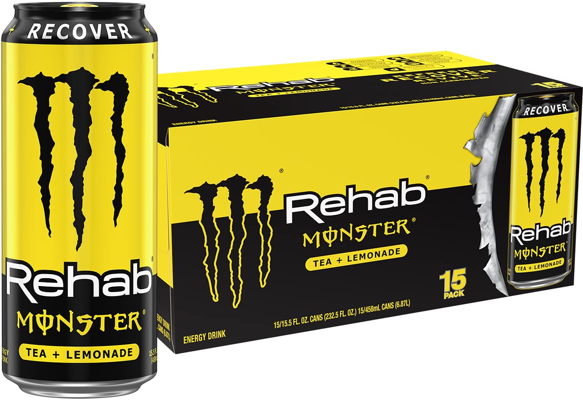 Monster Rehab Tea Lemonade energy can for a citrus fuel boost.