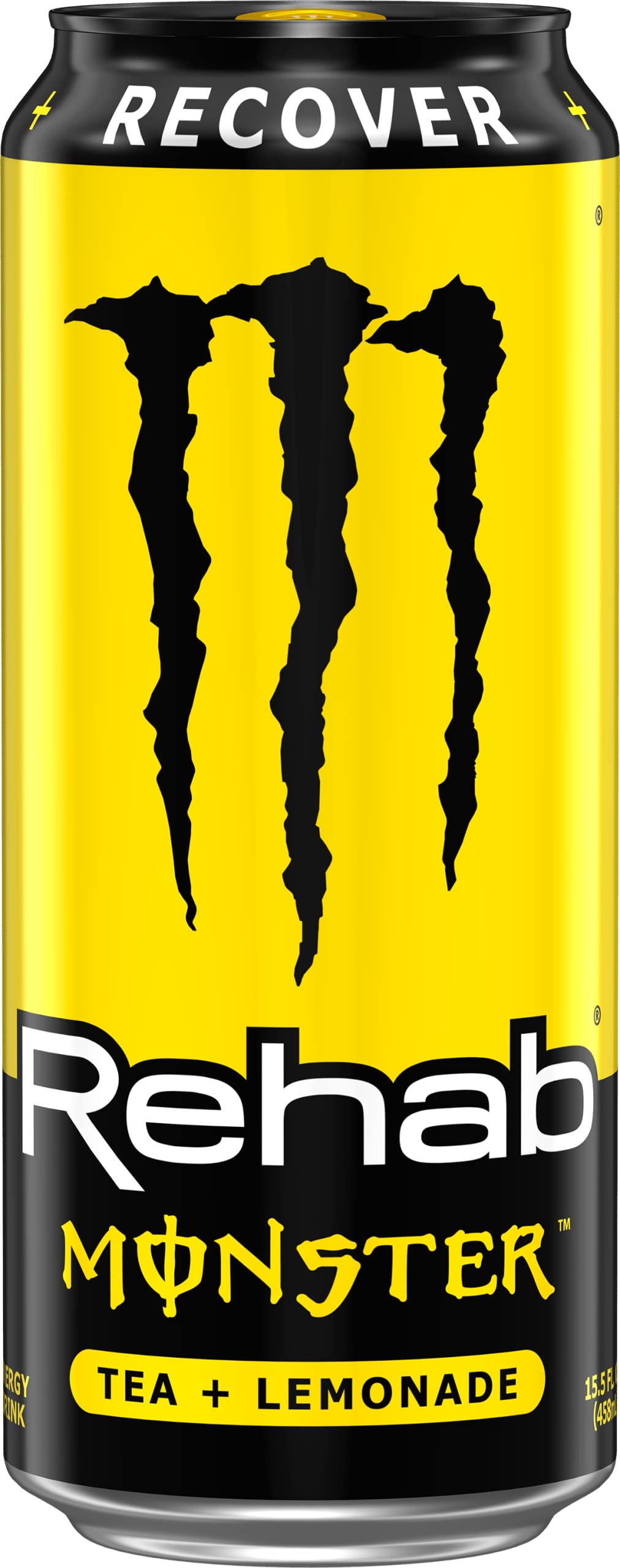 Close-up of Monster Rehab label with lemon flavor.