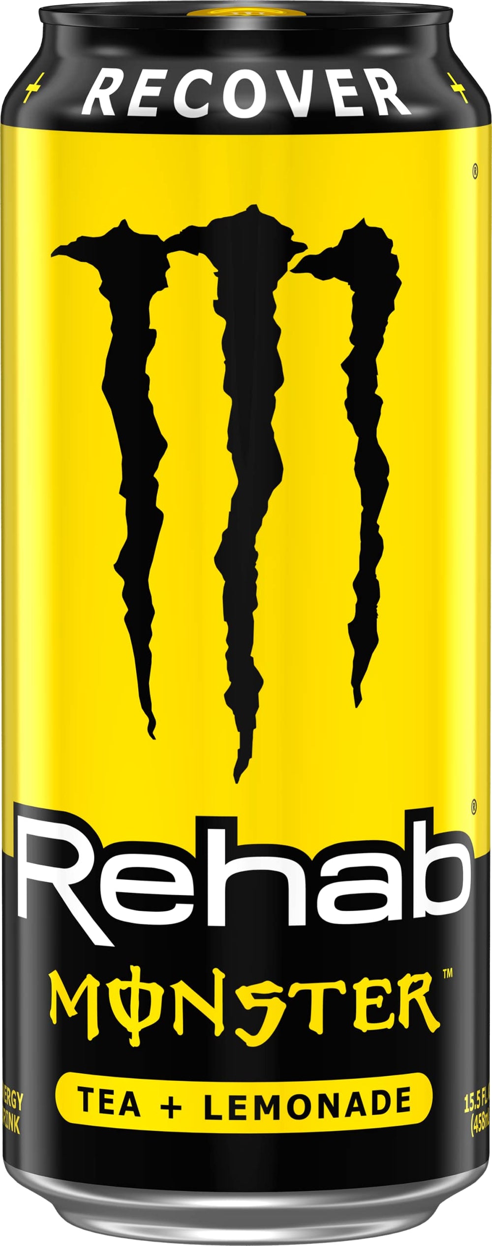 Close-up of Monster Rehab label with lemon flavor.