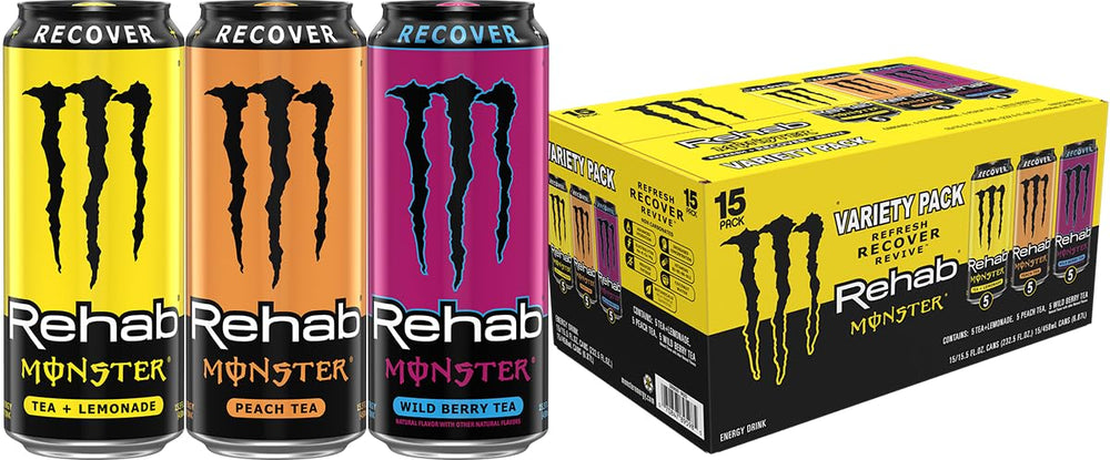 Monster Rehab Tea plus Lemonade can in the image, supports quick focus and hydration.