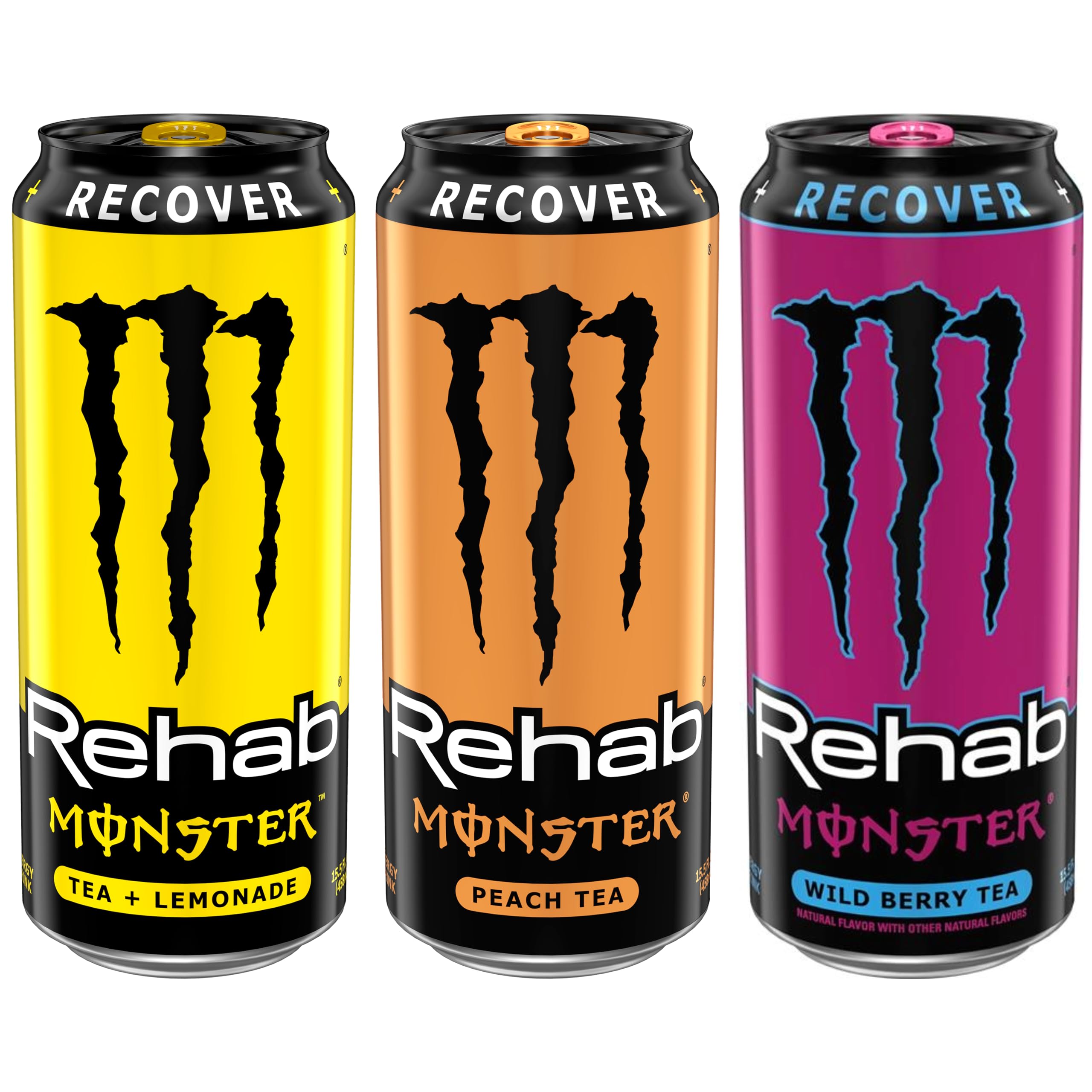 Monster Rehab Variety Pack in the image, compact non-carbonated energy with 25 calories.