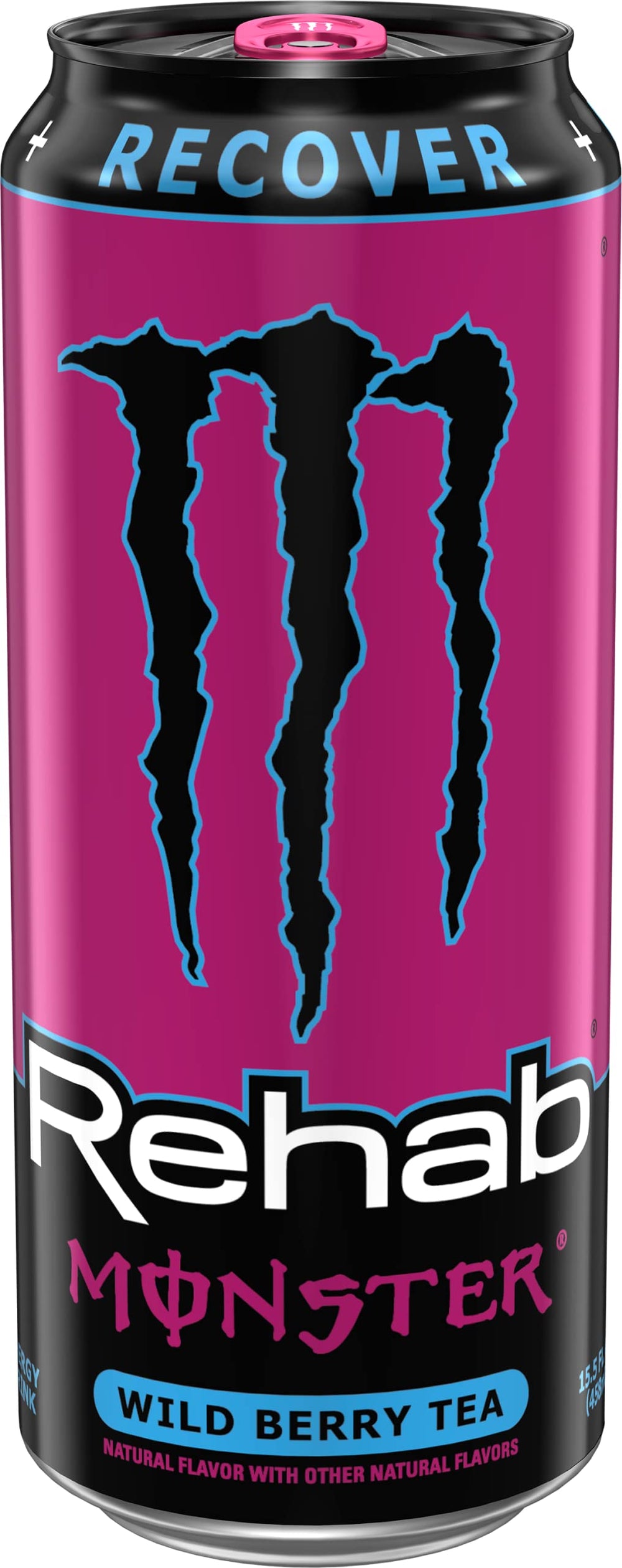 Monster Rehab Wild Berry Tea label highlights electrolytes and vitamins aiding hydration.