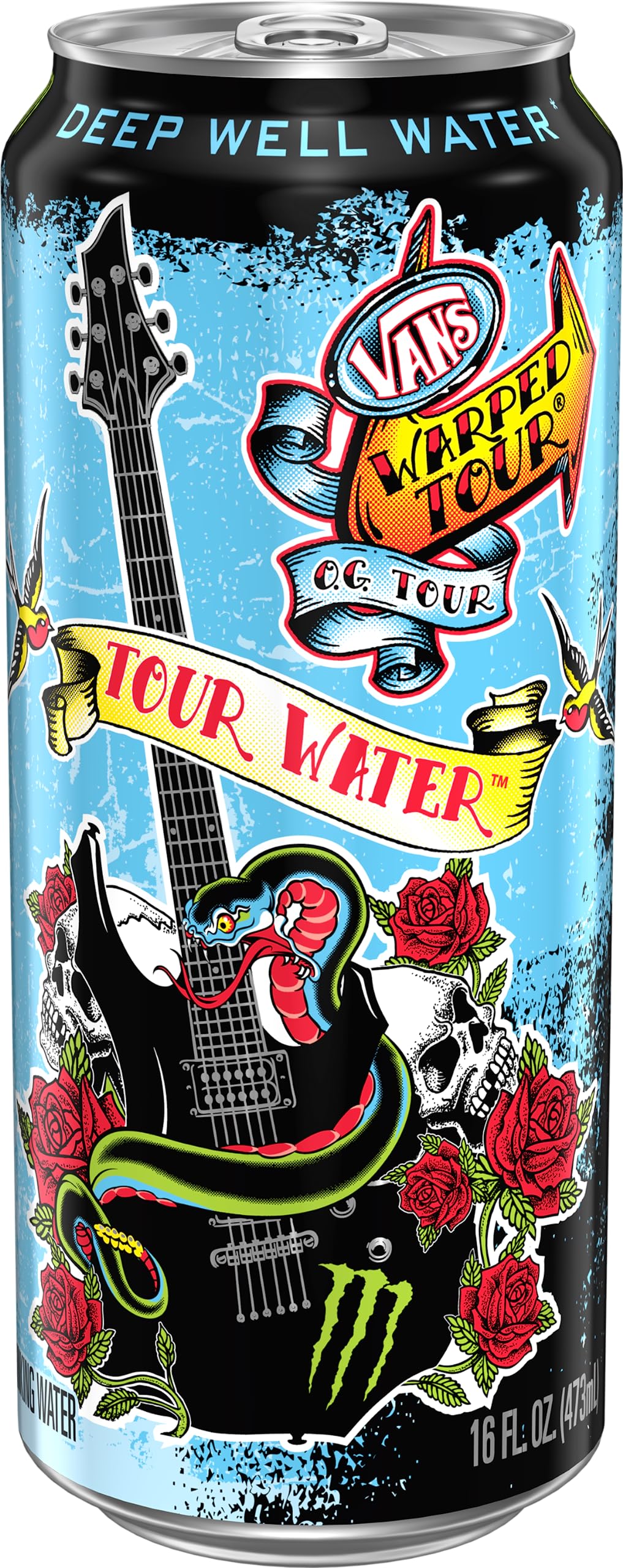 Closeup of Monster Tour Water can highlighting recyclable packaging for eco-conscious choices.