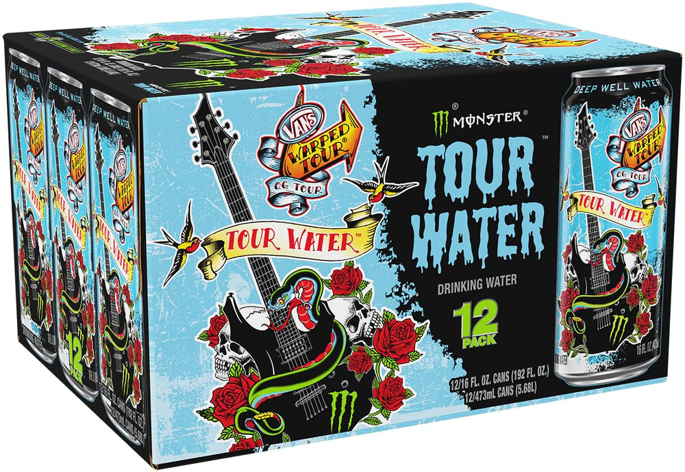 Monster Tour Water being poured into a glass for quick hydration during activities.