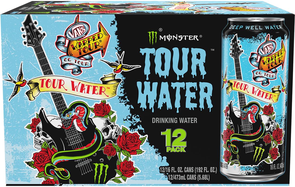 Monster Tour Water can emphasizes sustainable packaging with recycled aluminum content.