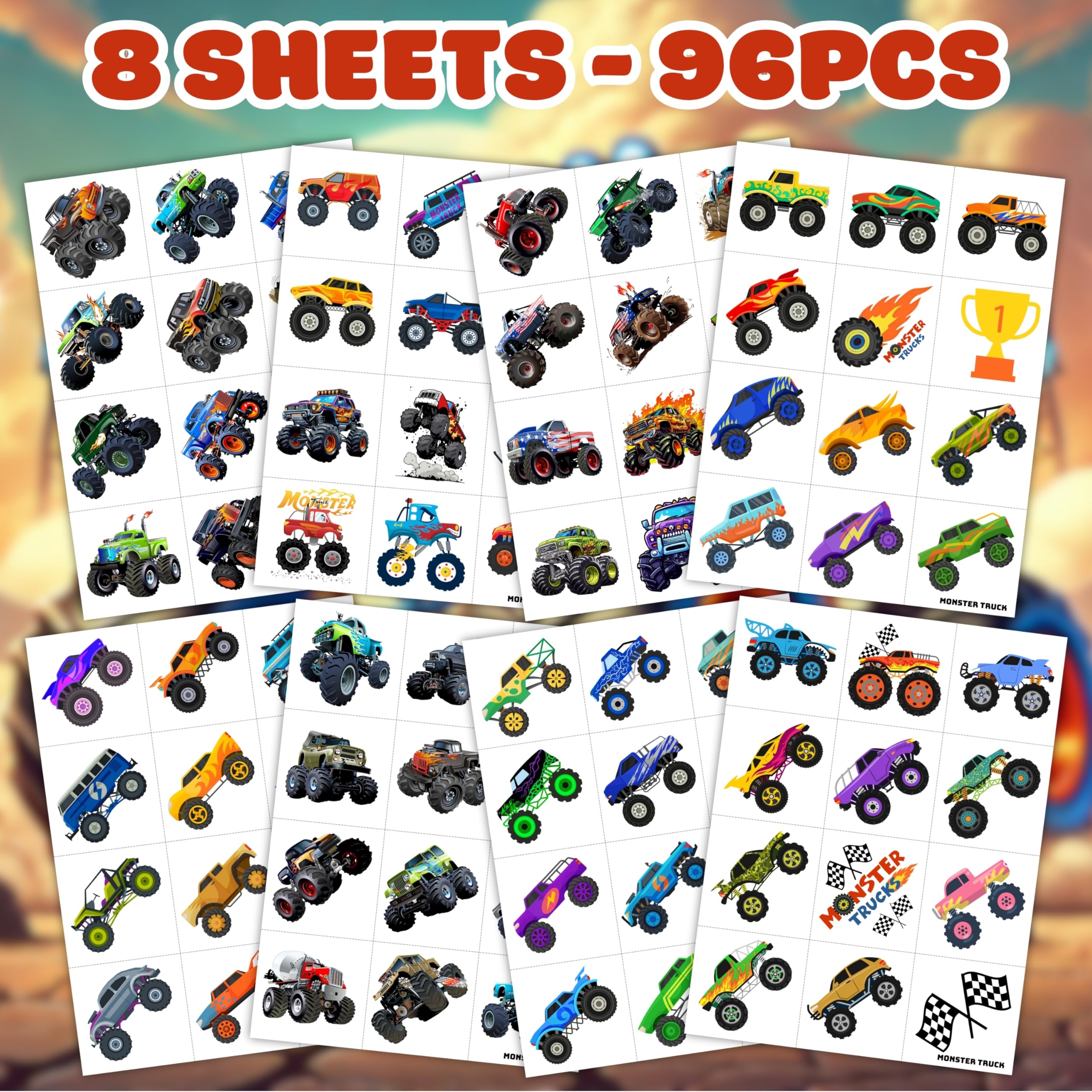Monster Truck pre-cut tattoo sheet 4 bold graphics for parties