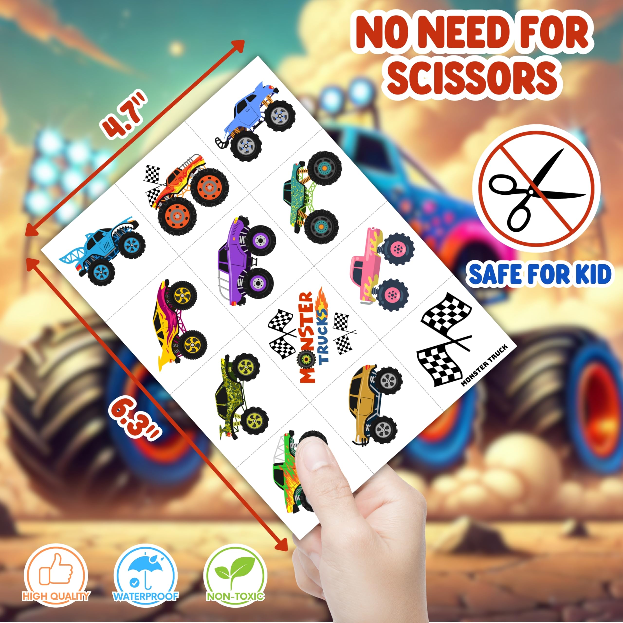 Monster Truck pre-cut tattoo sheet 5 colorful art for celebrations