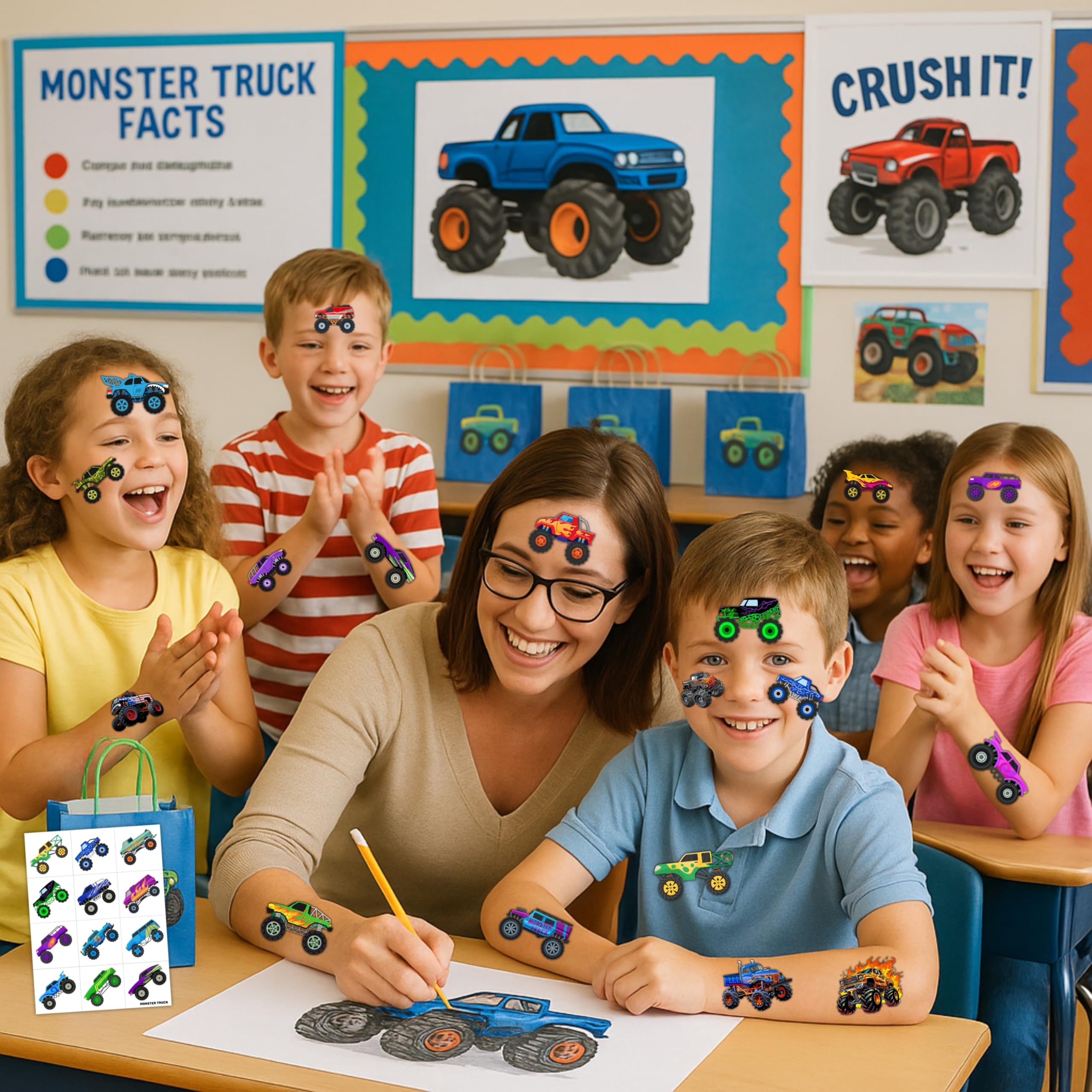 Monster Truck pre-cut tattoo sheet 7 eye-catching designs for loot bags