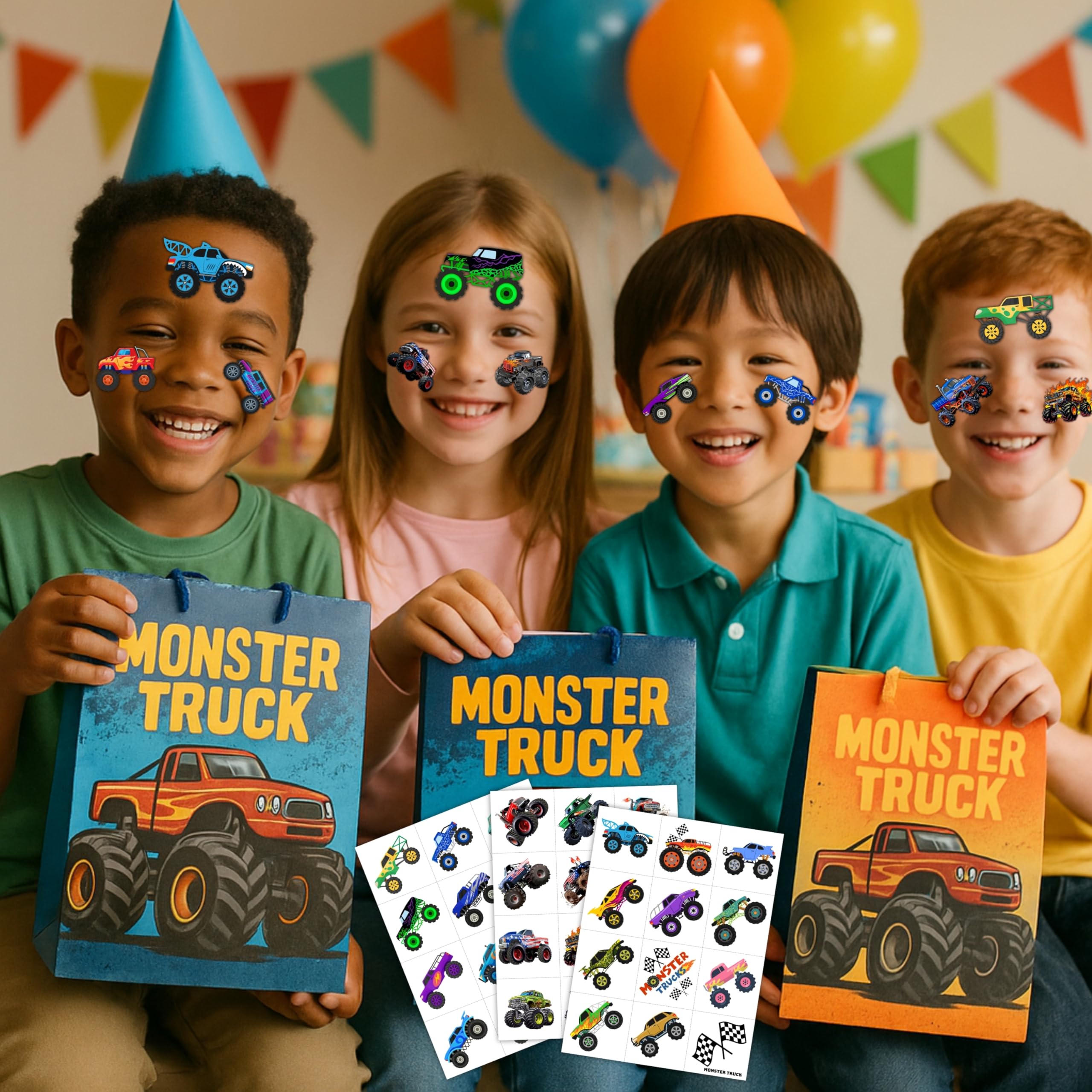 Monster Truck pre-cut tattoo sheet 9 kid-friendly decals for decorations