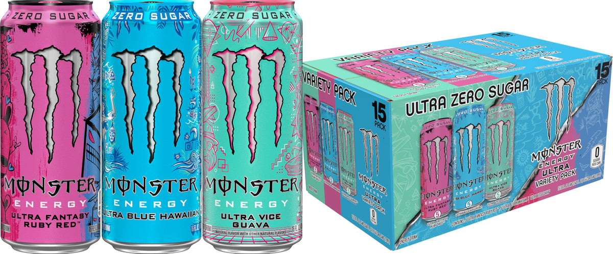 Monster Energy Ultra Blue Hawaiian can with tropical, refreshing flavor for on-the-go energy.