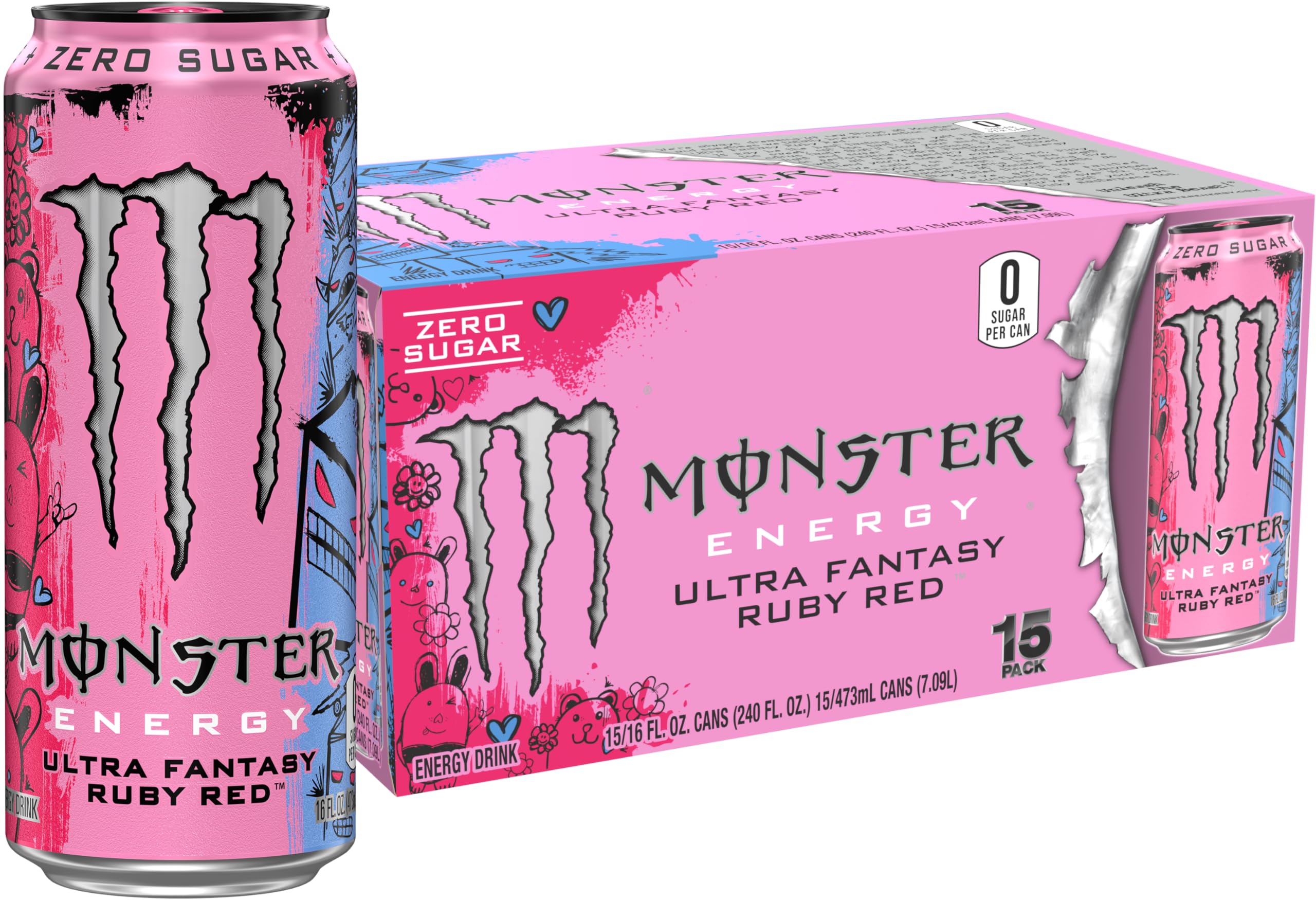 Monster Ultra Fantasy Ruby Red bottle front showcases the sleek design and zero sugar option.