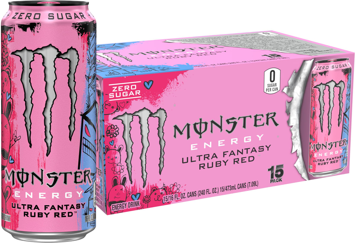 Monster Ultra Fantasy Ruby Red bottle front showcases the sleek design and zero sugar option.