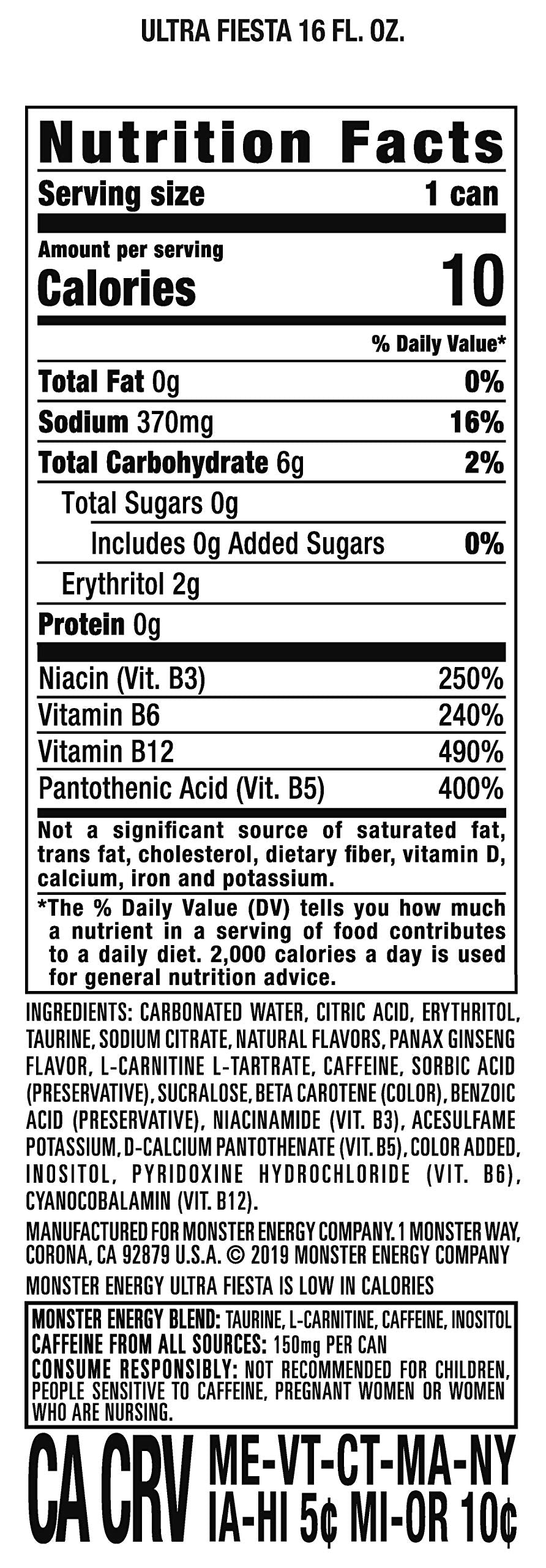 Monster Ultra Fiesta Mango label close-up emphasizing zero sugar and branding