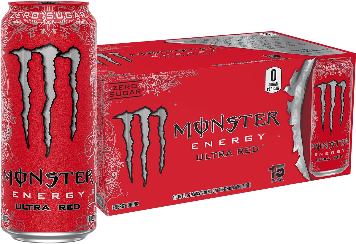 Monster Ultra Red cans on a store shelf highlight zero sugar and berry flavor.