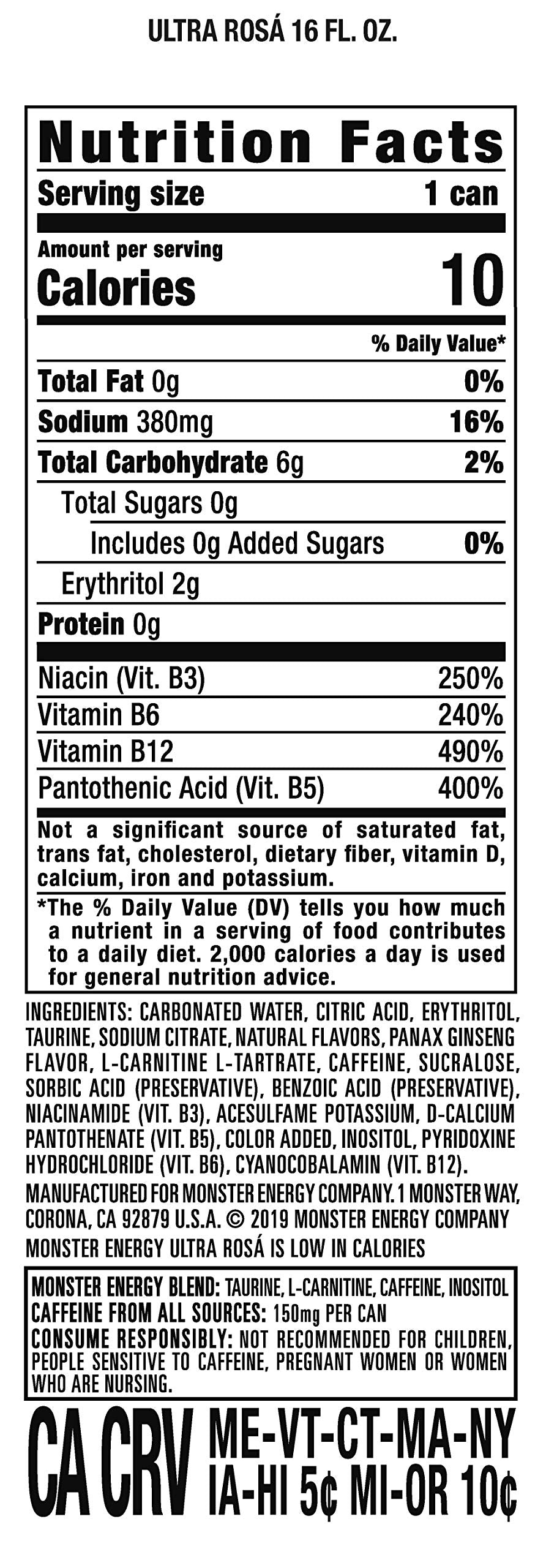 Monster Ultra Rosa can side view highlighting zero sugar and energy blend.