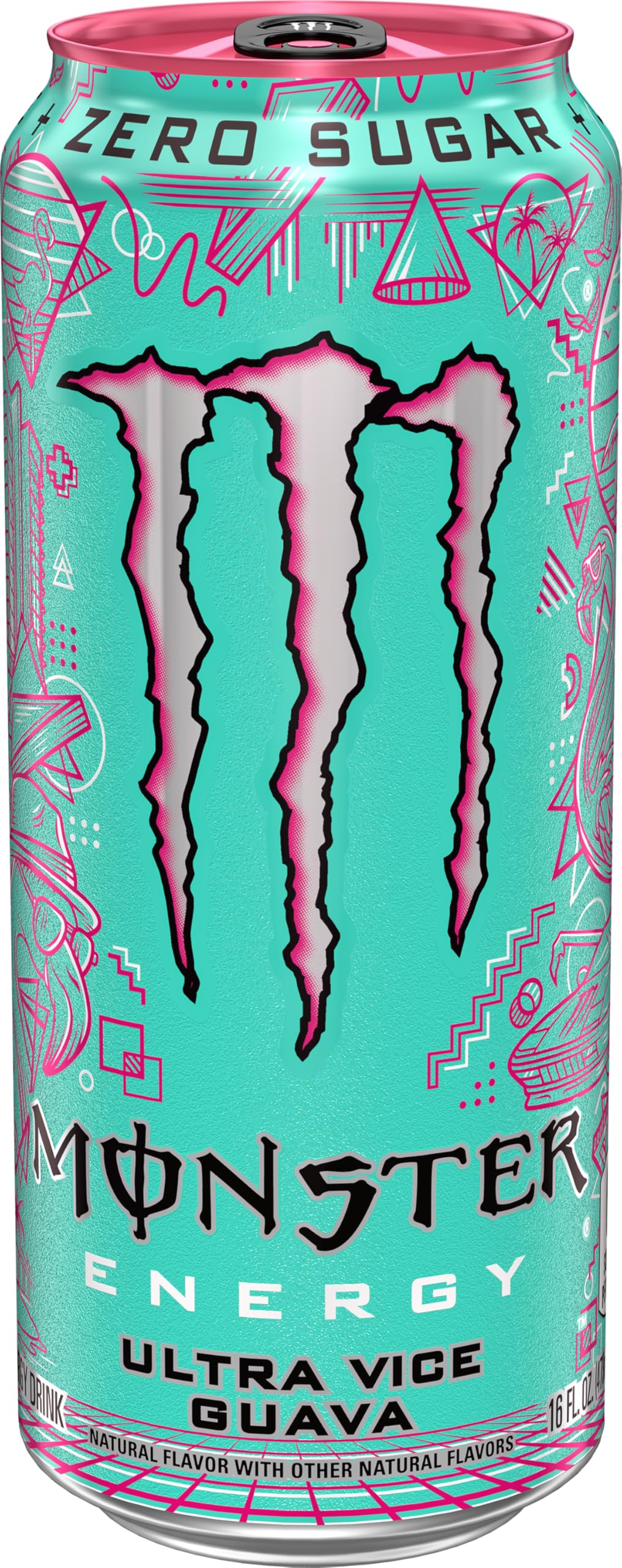 Pouring Monster Ultra Vice Guava into a glass with ice
