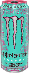 Pouring Monster Ultra Vice Guava into a glass with ice